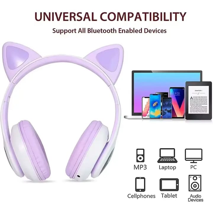 STN28 Luminous Wireless Cat Ear Headphones – HiFi Sound, Built-in Mic, Cute & Colorful Design