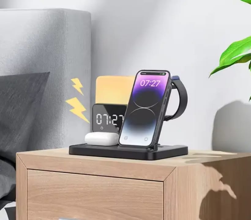 6-in-1 Smart Alarm Clock with Wireless Charger, LED Lamp & Display – Multifunction Charging Stand
