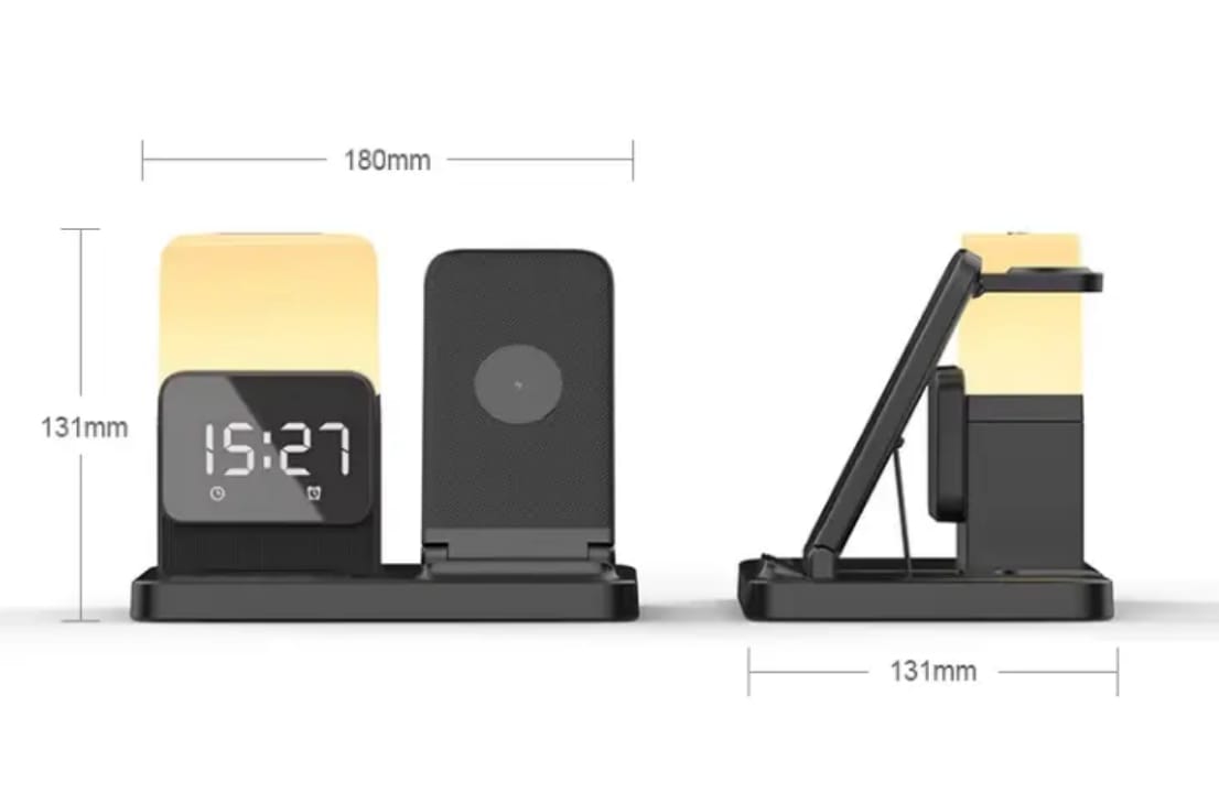6-in-1 Smart Alarm Clock with Wireless Charger, LED Lamp & Display – Multifunction Charging Stand