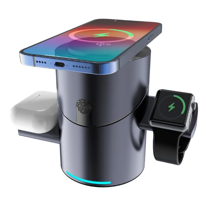 Portable 15W Aluminium Fast Charging Stand - Auto-Rotating 3-in-1 Foldable Cube Magnetic Wireless Charger with LED Lamp
