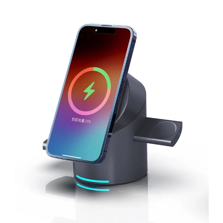 Portable 15W Aluminium Fast Charging Stand - Auto-Rotating 3-in-1 Foldable Cube Magnetic Wireless Charger with LED Lamp
