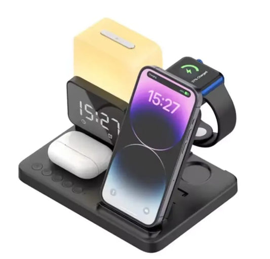 6-in-1 Smart Alarm Clock with Wireless Charger, LED Lamp & Display – Multifunction Charging Stand