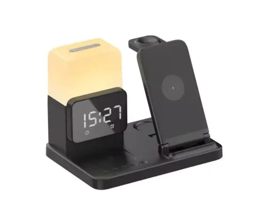 6-in-1 Smart Alarm Clock with Wireless Charger, LED Lamp & Display – Multifunction Charging Stand